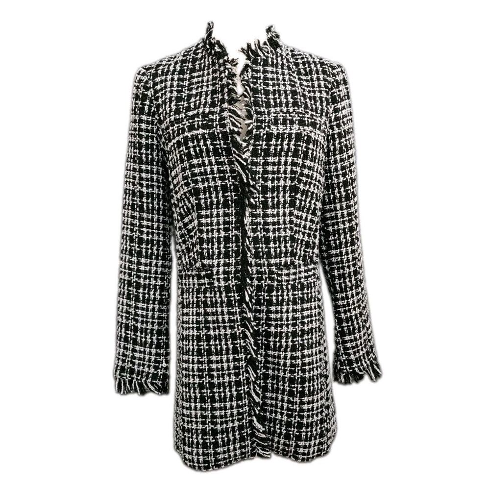 Venus Women Black Longline Tweed Fringe Blazer Jacket Size 2 - Picture 2 of 10